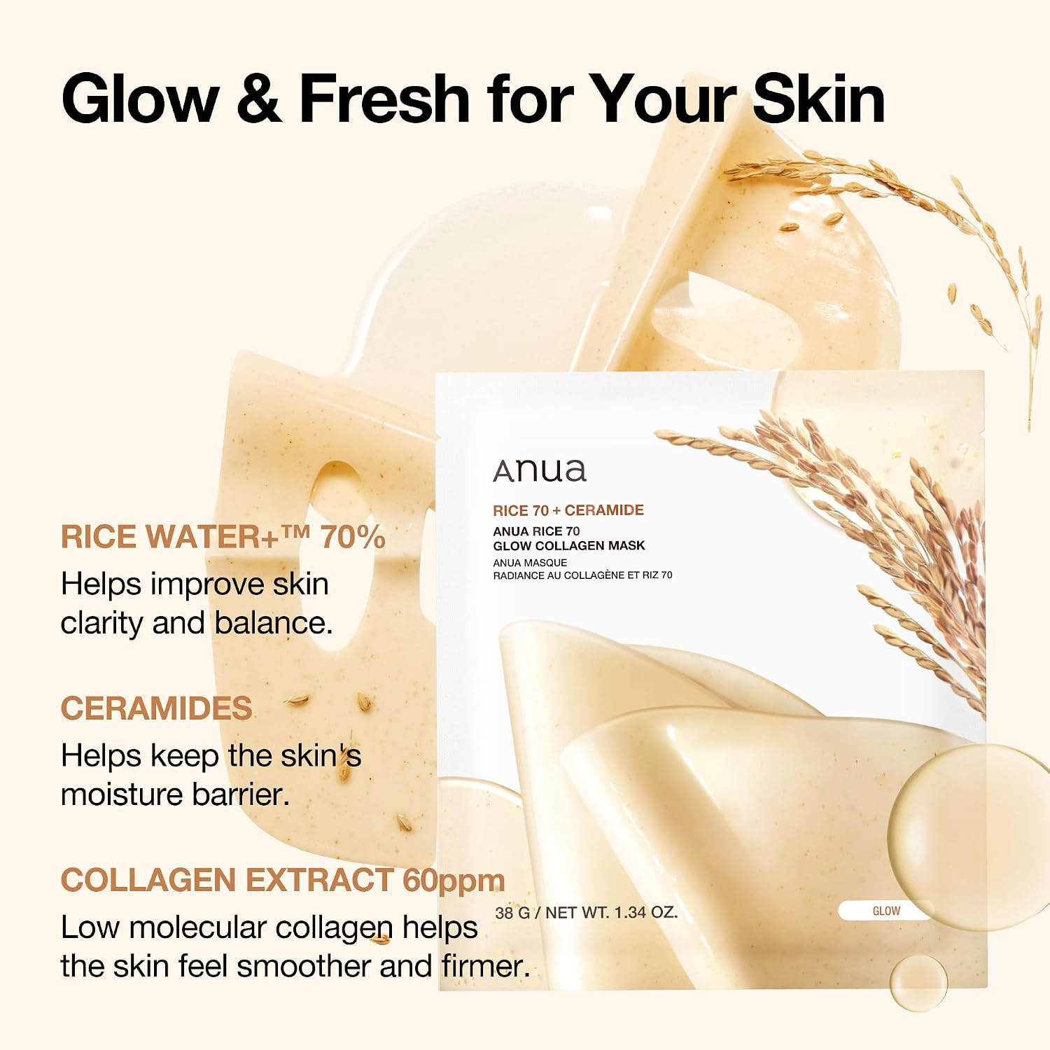 ANUA Rice 70 Glow Collagen Mask, 1.34 oz/4ea