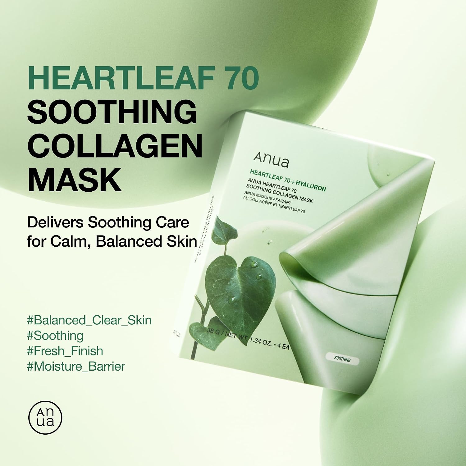 Anua Heartleaf 70 Soothing Collagen Mask, 1.34 fl.oz/4ea