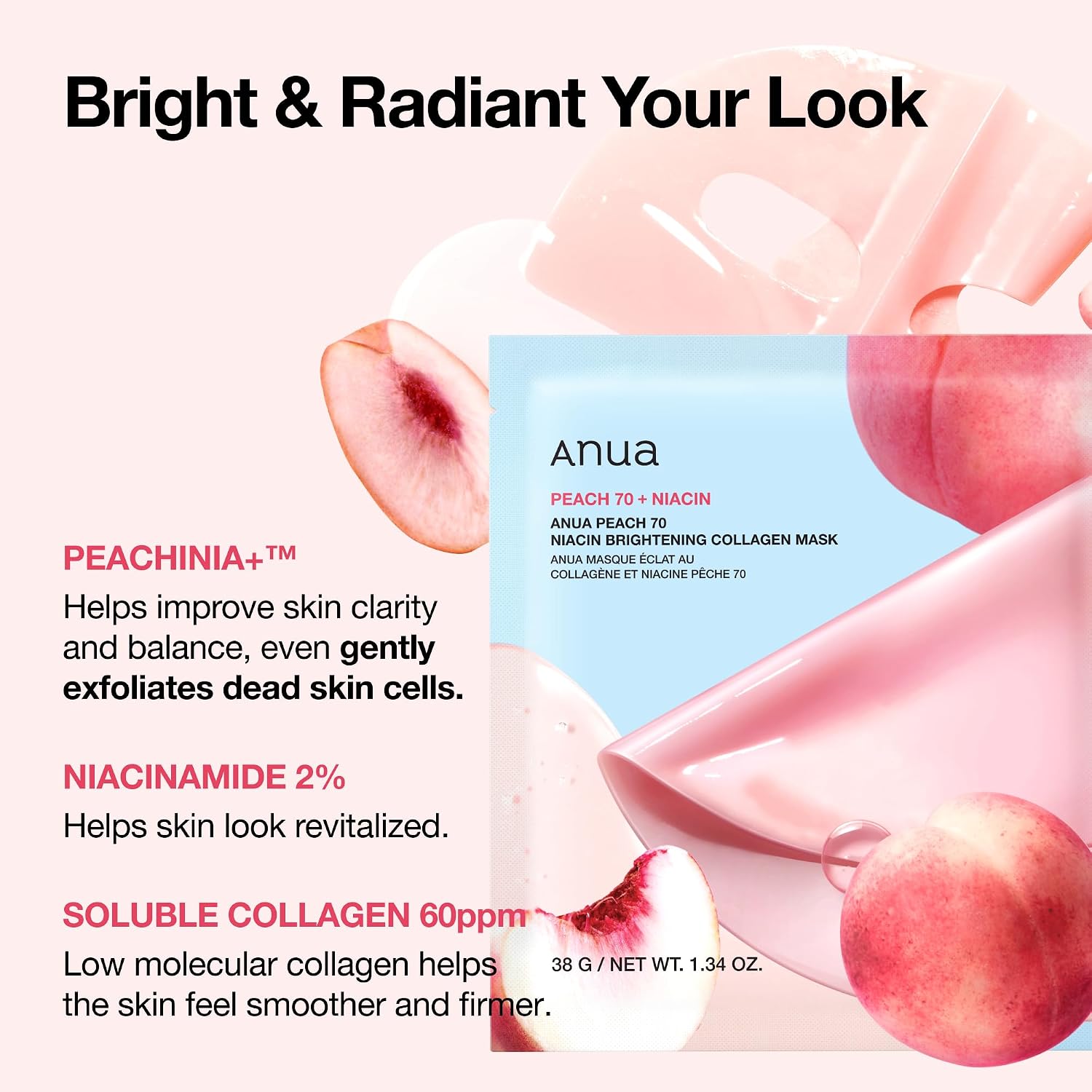 ANUA Peach 70 Niacin Brightening Collagen Mask, 1.34 fl.oz/4ea